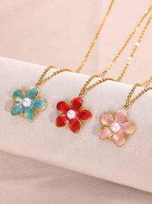 1條時尚金色不鏽鋼鏈,設有粉色花朵和珍珠,非常適合作為女士婚禮首飾禮物