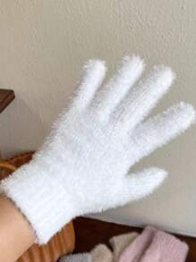 Women's Plush Touchscreen Gloves, Warming & Insulated, Knitted Imitation Rabbit Fur Gloves - White - View 3