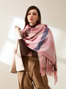 1入組女士加大尺寸粉色格紋流蘇修邊仿喀什米爾保暖極簡風格圍巾披巾,適合日常穿著 - 彩色 - 查看 1