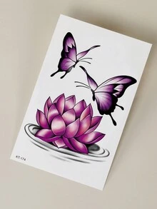 1pc Purple Lotus Flower & Butterfly Pattern Temporary Body Tattoo Sticker For Arm, Chest, Back - Multicolor - View 5