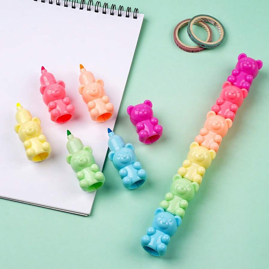1pc Cartoon Fluorescent Pen With Slanted Tip & Cute Bear Design For Students Drawing And Highlighting - Multicolor - View 1