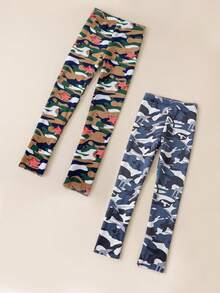 1雙男女童卡通星星迷彩印花厚絨九分褲,秋冬季日常穿著或作為禮物的理想選擇