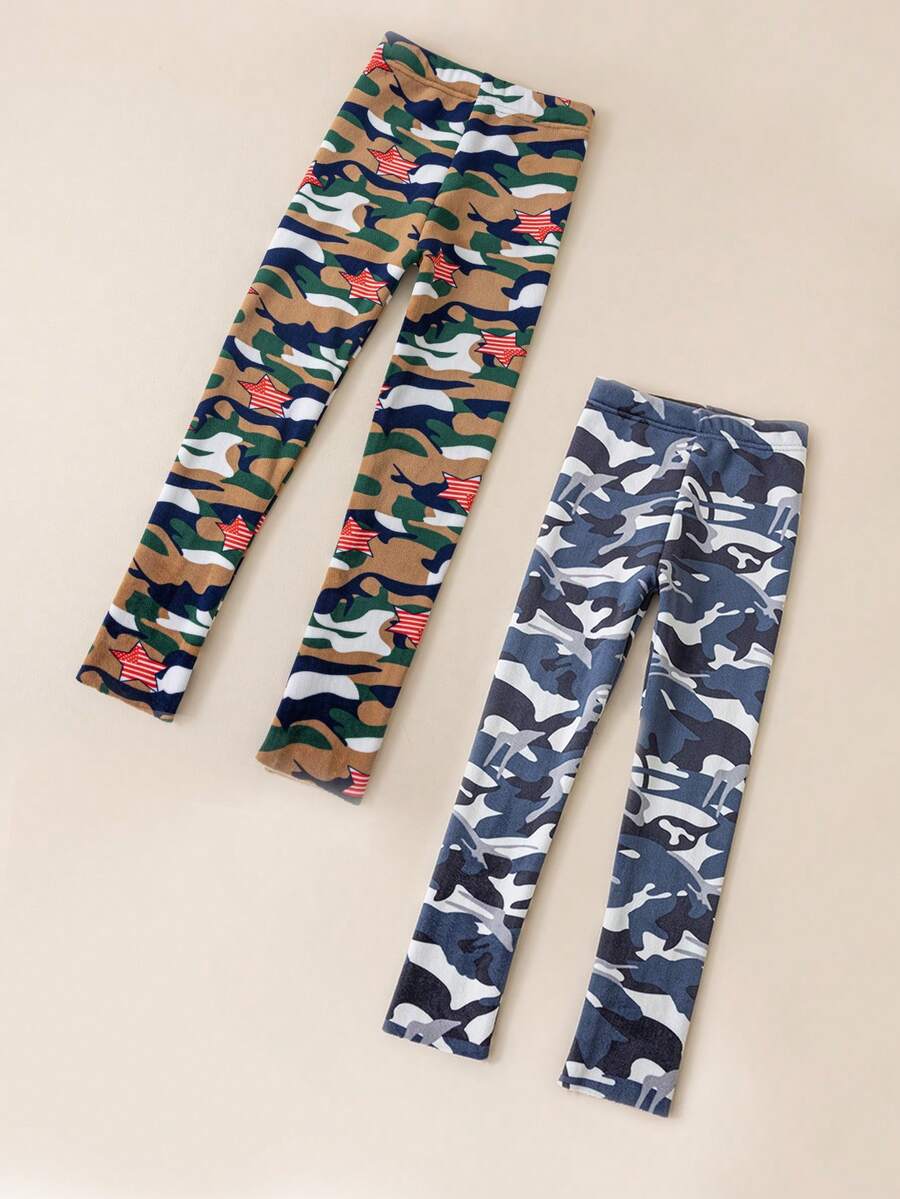1雙男女童卡通星星迷彩印花厚絨九分褲,秋冬季日常穿著或作為禮物的理想選擇