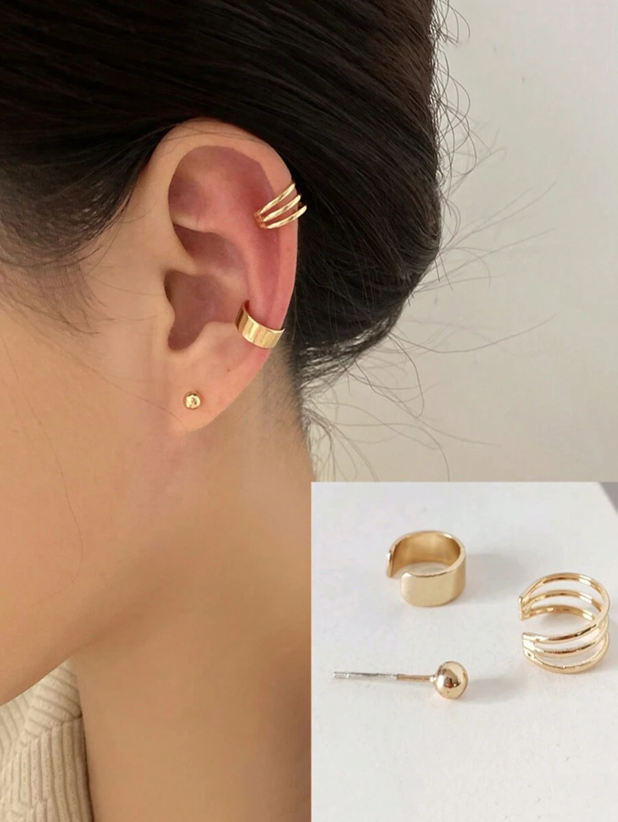 3pcs/Set Golden Minimalist Multiple Loops Non-Piercing Ear Cuff Earrings For Women Casual. Summer,Jewellery,Festival,Accessories - Gold - View 1