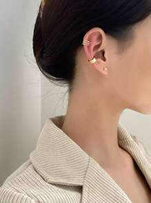 3pcs/Set Golden Minimalist Multiple Loops Non-Piercing Ear Cuff Earrings For Women Casual. Summer,Jewellery,Festival,Accessories - Gold - View 3