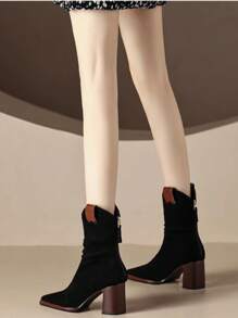 2023 Women's All-leather Mid-calf Knight Boots High-heel Pointed Toe, Chic Matte Texture, Back Zipper Design For Slimming Effect. Perfect For Autumn And Winter - Black - View 4