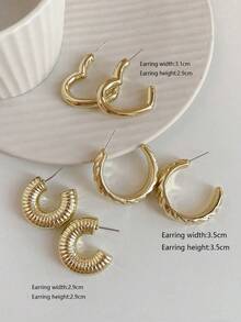 1套/3對鍍金個性化心形耳環,時尚耳飾 - 金色 - 查看 3