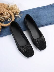 女士新款時尚、多功能、舒適,搭配鑲有鑽石的扁鞋,適用於秋季 - 黑色 - 查看 4