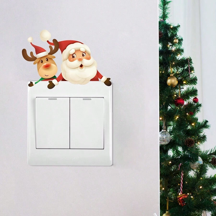 4 件卡通圣诞贴纸套装包括圣诞老人、驯鹿、雪人，适用于卧室、客厅和浴室的开关装饰