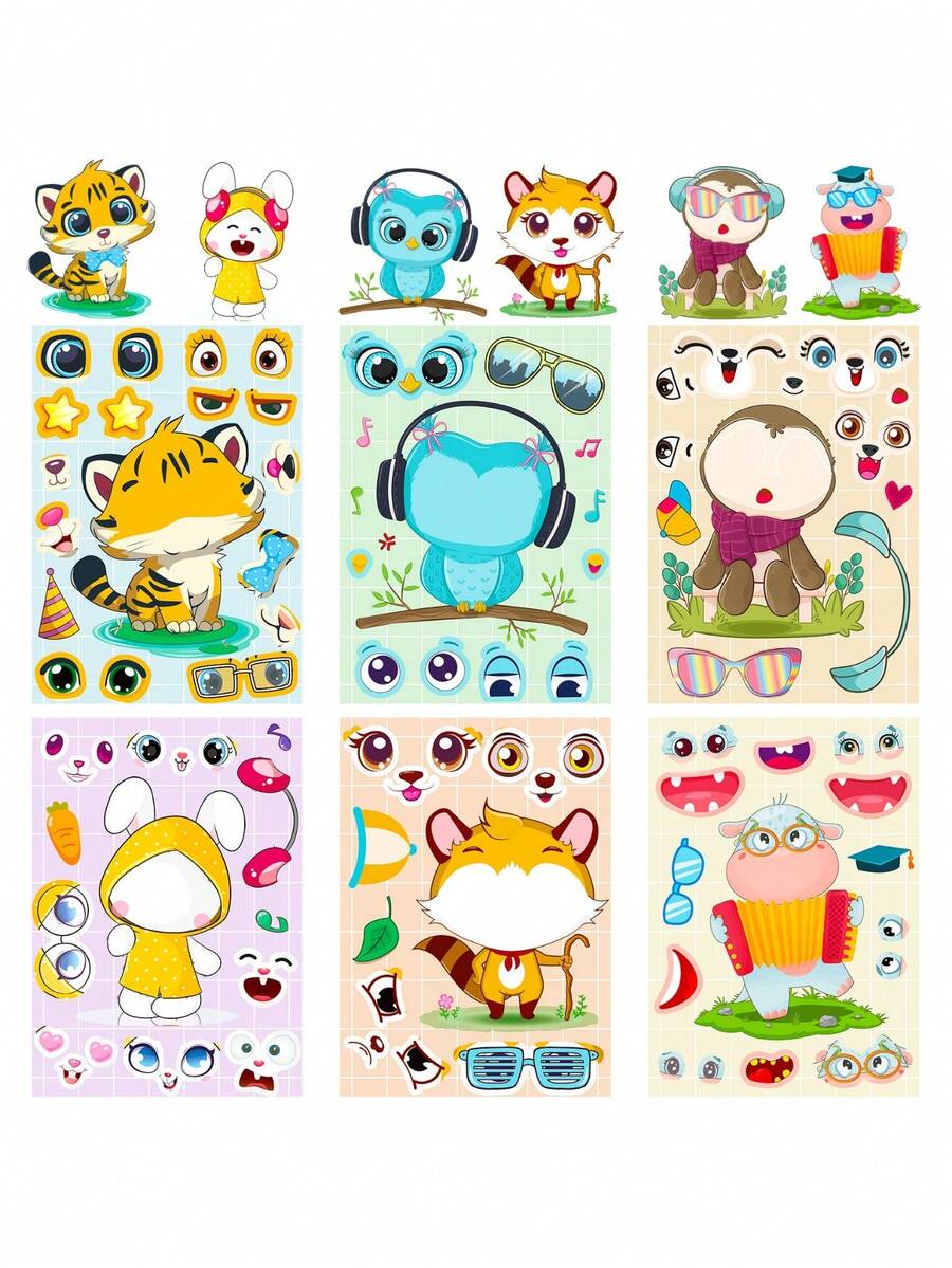 1pack/6pcs Kids' Educational Creative Cartoon Animal Jigsaw Stickers For Diy