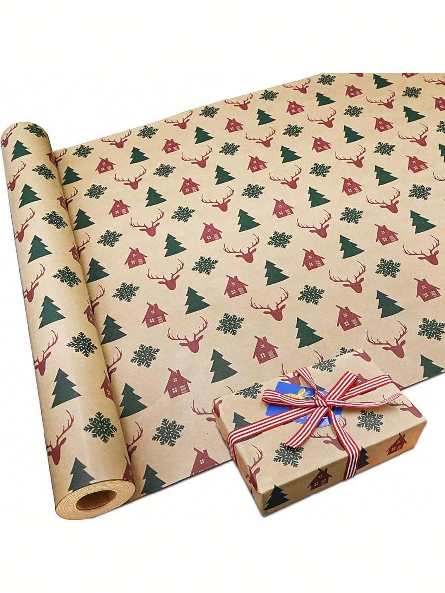 5pcs Christmas Gift Wrapping Paper, Vintage Kraft Paper For Christmas