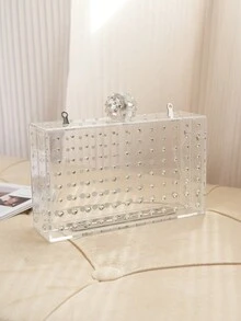 新品純色亞克力鑲嵌鑽石手拿包,歐美風格,適用於女士婚禮、宴會等場合,時尚裝扮包,硬殼手拿包,小方包