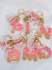 1 件首字母英文字母鑰匙扣,帶簡單樹脂吊墜,適合學生背包,流蘇設計裝飾禮品鑰匙圈 - 粉色 - 查看 2