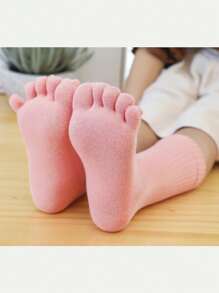 1pair Children's Solid Color Mid-calf Five-toe Separator Socks For Daily Wear And Winter Warm - Pink - View 3