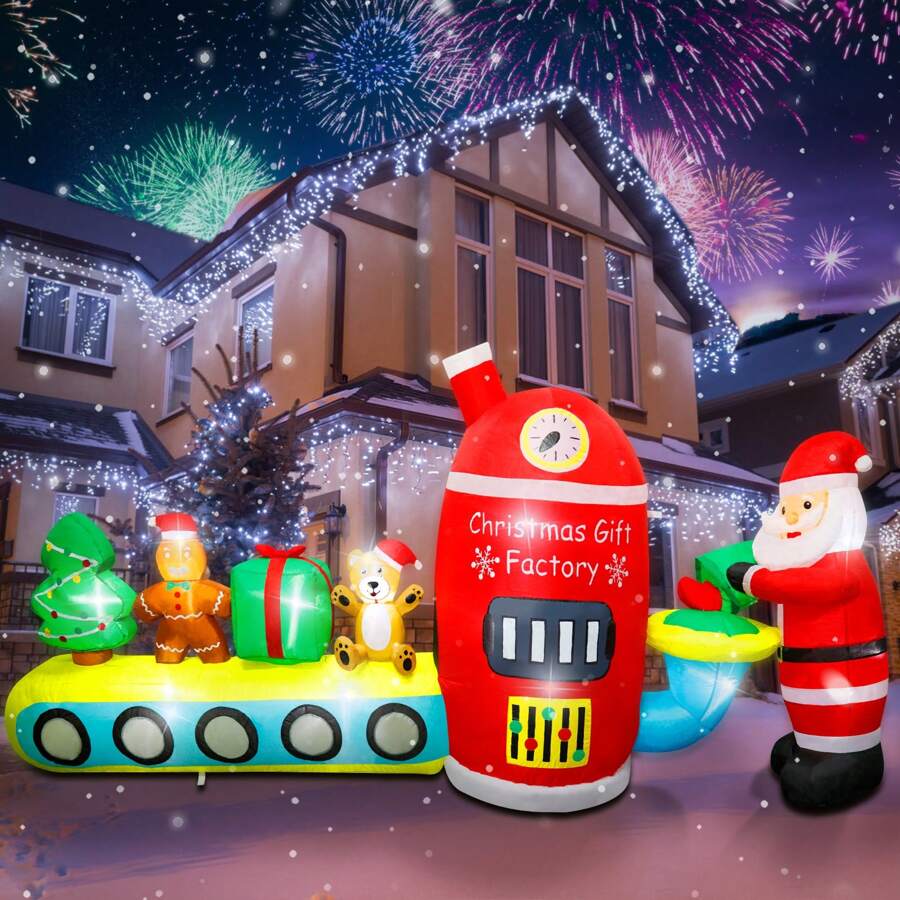 10FT Large Christmas Inflatables Outdoor Decorations Train Blow Up Santa Snowman Christmas Inflatables Tree Bear Built-in LED Lights for Holiday Yard Lawn Garden Decor - Green - View 1