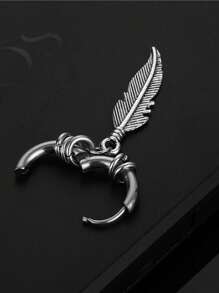 1pc Men's Stainless Steel Circle Earring Feather Dangle Earring For Street-style & Retro Look - Silver - View 2