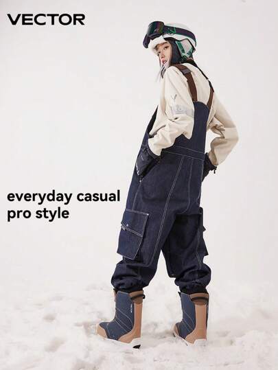 VECTOR MOTION Suspenders Ski Pants, Jumpsuit Ski Pants, , Denim, Windproof, Waterproof, Thermal, Loose Fit, Suitable For Both Single And Double Board Skiing Equipment Ski Outfits Black Winter