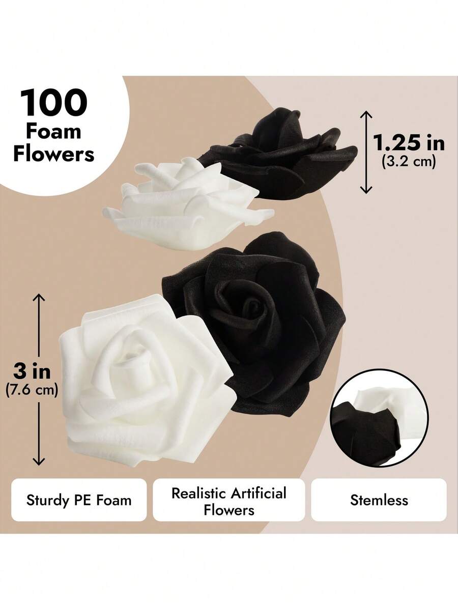 100 Pack Black And White Artificial Flowers, Bulk Stemless Fake Foam