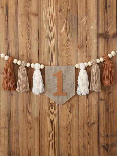 1st Birthday High Chair Banner Tassel Flower Wreath Boho Birthday Decorations, Brown Beige Tassel,