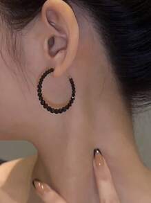 1pair Minimalist European Style Black C-Shaped Beaded Women's Daily Personalized Earrings - Black - View 5