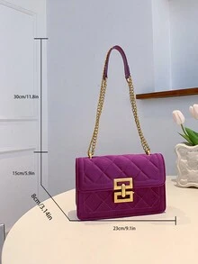 時尚拼接門襟肩背包,金屬鏈條肩帶 - 紫色 - 查看 7