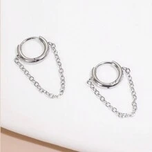 1pair Fashionable Chain & Hoop Earrings, Stainless Steel Material, Suitable For Women's Daily Wear
