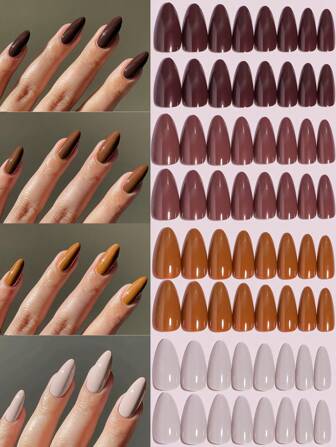 VV MEI JIA ER 96入組禮品裝假指甲，長杏仁形全覆式假指甲，4色按壓假指甲適用於女性和女孩，具實色人造指甲套裝（棕色系列）附1片膠帶和1個指甲文件指甲用品