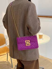 時尚拼接門襟肩背包,金屬鏈條肩帶 - 紫色 - 查看 3