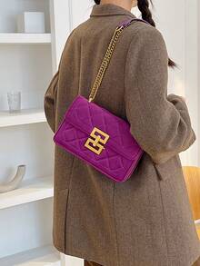 時尚拼接門襟肩背包,金屬鏈條肩帶 - 紫色 - 查看 2