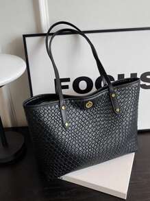 Solid Color Rivet Decor Pu Large Capacity Shoulder Tote Bag, Fashionable Women'S Handbag With Double Handles Weaved Bag, Best For Teenage Girls, College Students, Novices And White-Collar Workers. Perfectly Suited For Office, Work, Business, Commute, As A Best Work Bag For Women - Black - View 1