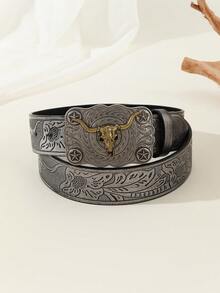 Hàng mới đến Cao Bồi Miền Tây Phong cách Da Thắt lưng Với Hợp kim kẽm Màu Bạc Cổ Đầu bò Khóa , Cá nhân hóa Thắt lưng - Màu xám đen - Xem 7