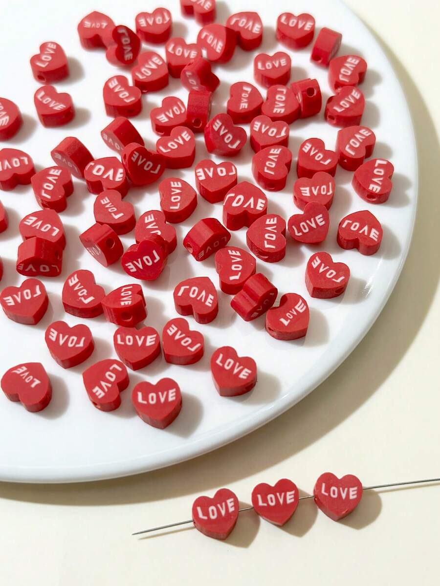 50顆/包紅色love聚合物粘土心形字母珠子diy手鐲項鍊珠寶材料配件