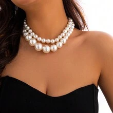 優雅的多層假珍珠項鍊,適合肩頸位置 - 彩色 - 查看 1
