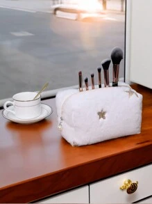大容量毛绒亮片化妆包行李蓬松轻便化妆包礼物送给妈妈送给女孩派对婚礼化妆品收纳适用于旅行和商务适用于节日（金色星星）圣诞礼物护肤品收纳袋适用于护士礼物、趣味礼物、教师礼物、圣诞派对、旅行用品、伴娘礼物