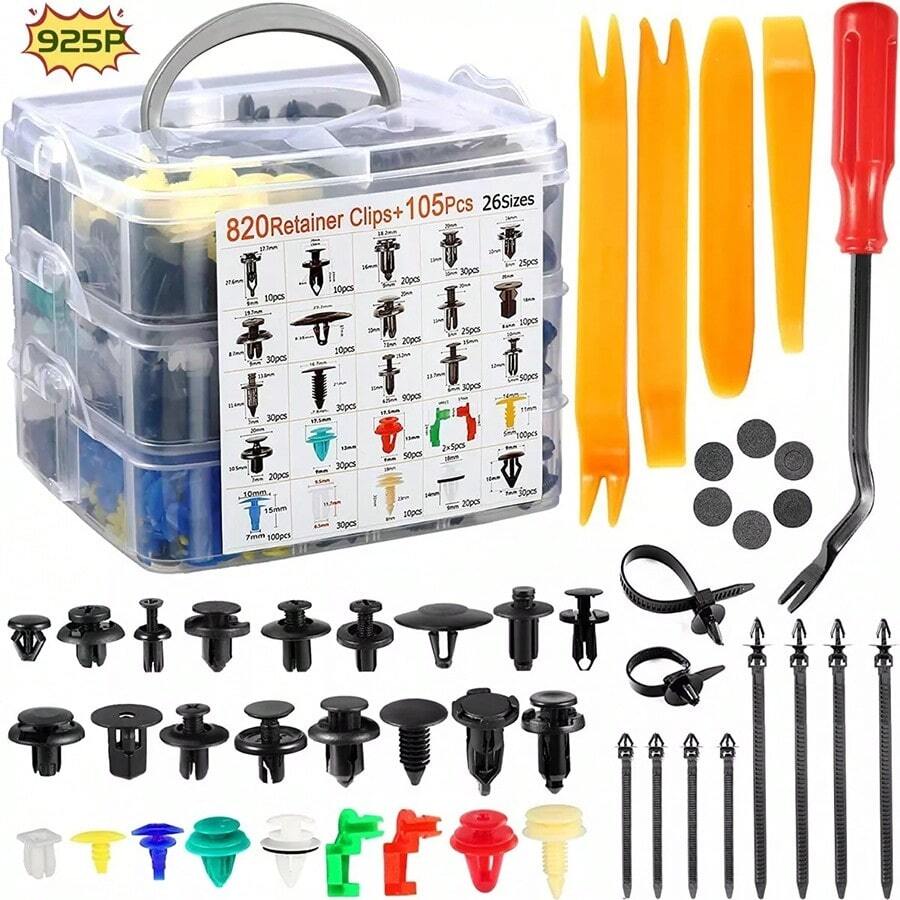 Automotive Staples 925 Pcs 26 Models With Staple Remover, Car Bumper Retainer Clips, Plastic Rivets, Tailgate Handle Fasteners, Push Pin Rivet Set, Panel Fender Clips - Black - View 1