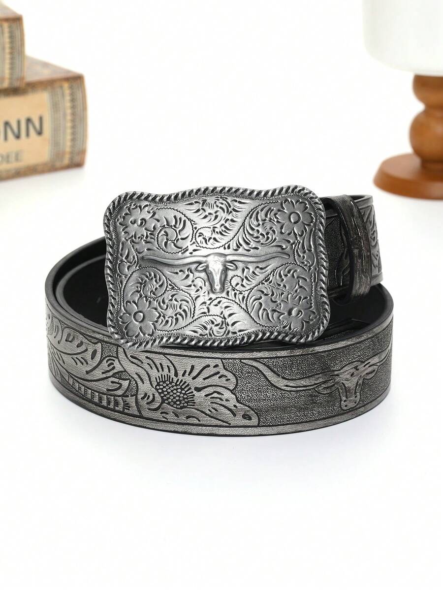 Retro Phong cách phương Tây Màu xám Cowboy Thắt lưng - Màu xám đen - Xem 1