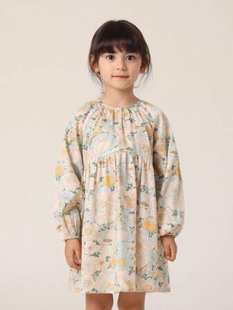 女孩鄉村油畫風格花卉印花泡泡袖圓領長袖裙,秋季