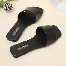 Women's Square Open Toe Flat Sandals Slip On Slide Sandals One Strap Flat Sandals - Black - View 5