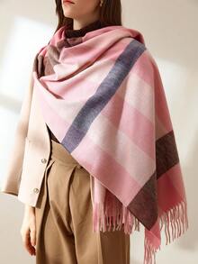 1入組女士加大尺寸粉色格紋流蘇修邊仿喀什米爾保暖極簡風格圍巾披巾,適合日常穿著 - 彩色 - 查看 2