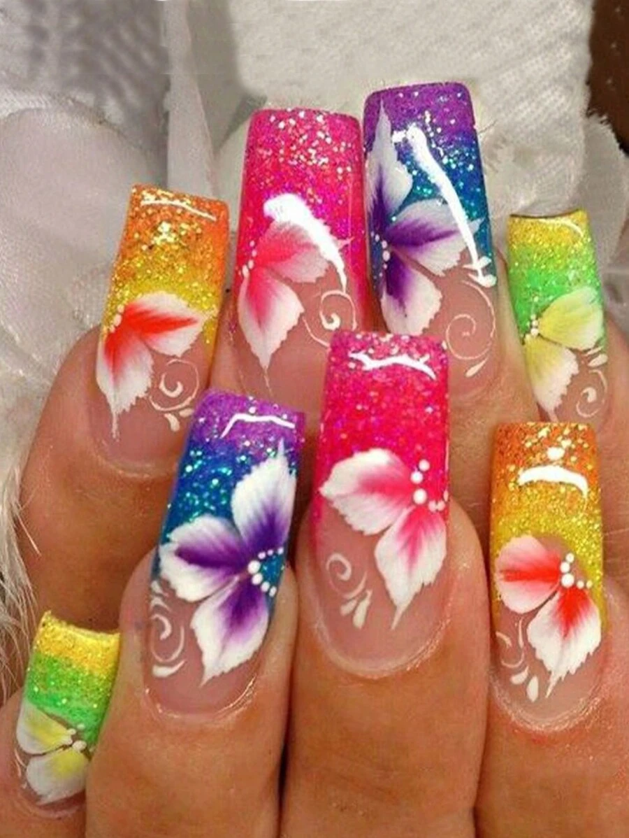 24入組中長款芭蕾舞裝飾指甲貼+1支果凍膠+1把指甲檔，彩色花朵閃爍風格貼式指甲用品 - 彩色 - 查看 1