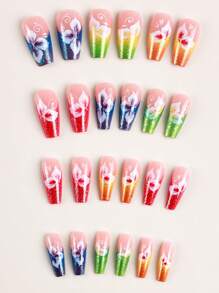 24入組中長款芭蕾舞裝飾指甲貼+1支果凍膠+1把指甲檔，彩色花朵閃爍風格貼式指甲用品 - 彩色 - 查看 3