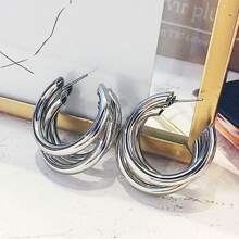 1對復古時尚高端感c型銀色耳環 - 銀色 - 查看 2