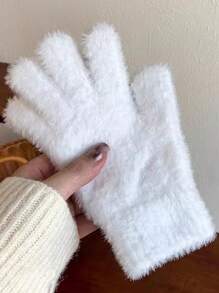 Women's Plush Touchscreen Gloves, Warming & Insulated, Knitted Imitation Rabbit Fur Gloves - White - View 2