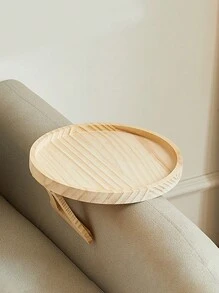 1pc Portable Foldable Wooden Sofa Armrest Table Tray With Clip Round Coffee Holder - Beige - View 5