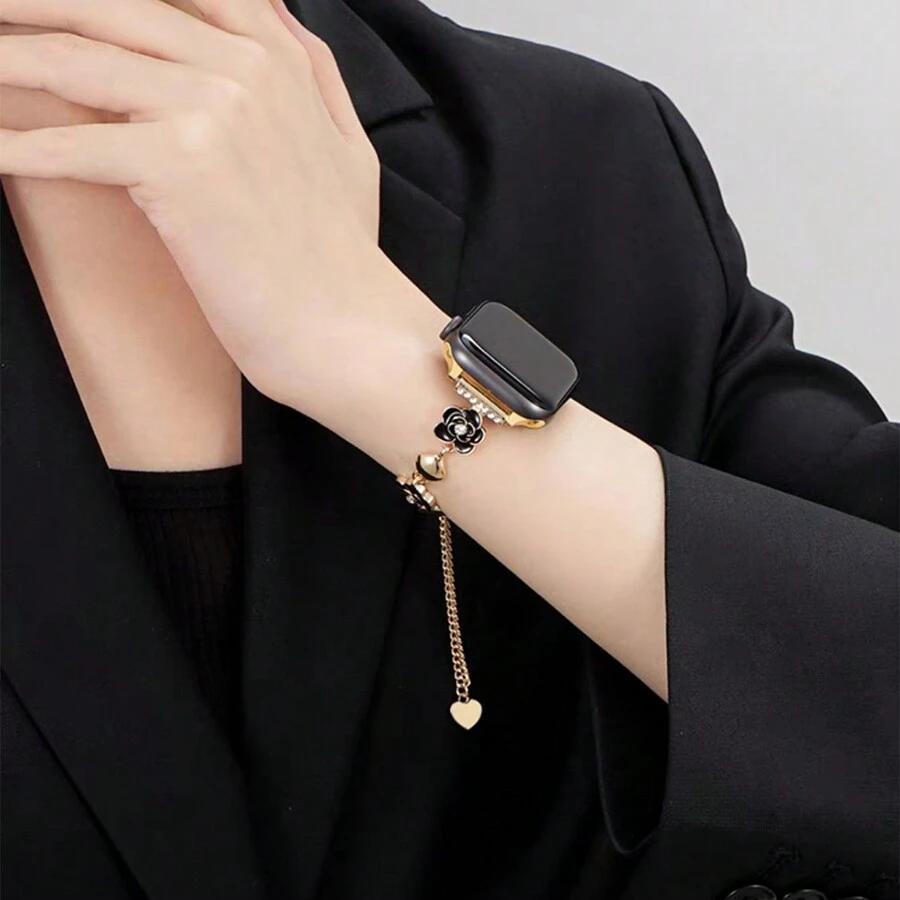 1入組花卉山茶花設計金屬手錶帶手鍊,適用於女士,與apple Watch Ultra/se/8/7/6/5/4/3/2/1兼容,38/40/41/42/44/45/49毫米 - 白色 - 查看 1