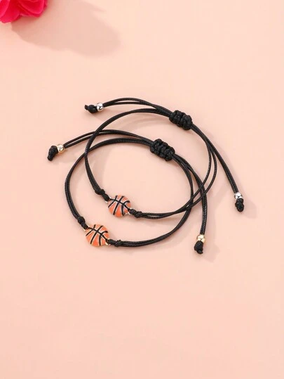 2 Piezas/set Pulsera Trenzada De Cuerda De Cera Negra Deportiva Con Cuentas De Aleación De Zinc Temática De Baloncesto Para Niños, Adecuada Para Uso Diario; Un Gran Regalo Para Amigos