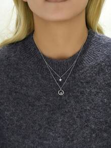 1入簡約時尚的雙層立體方形鋯​石星爆項鍊,適用於女性約會和畢業禮物 - 白色 - 查看 2