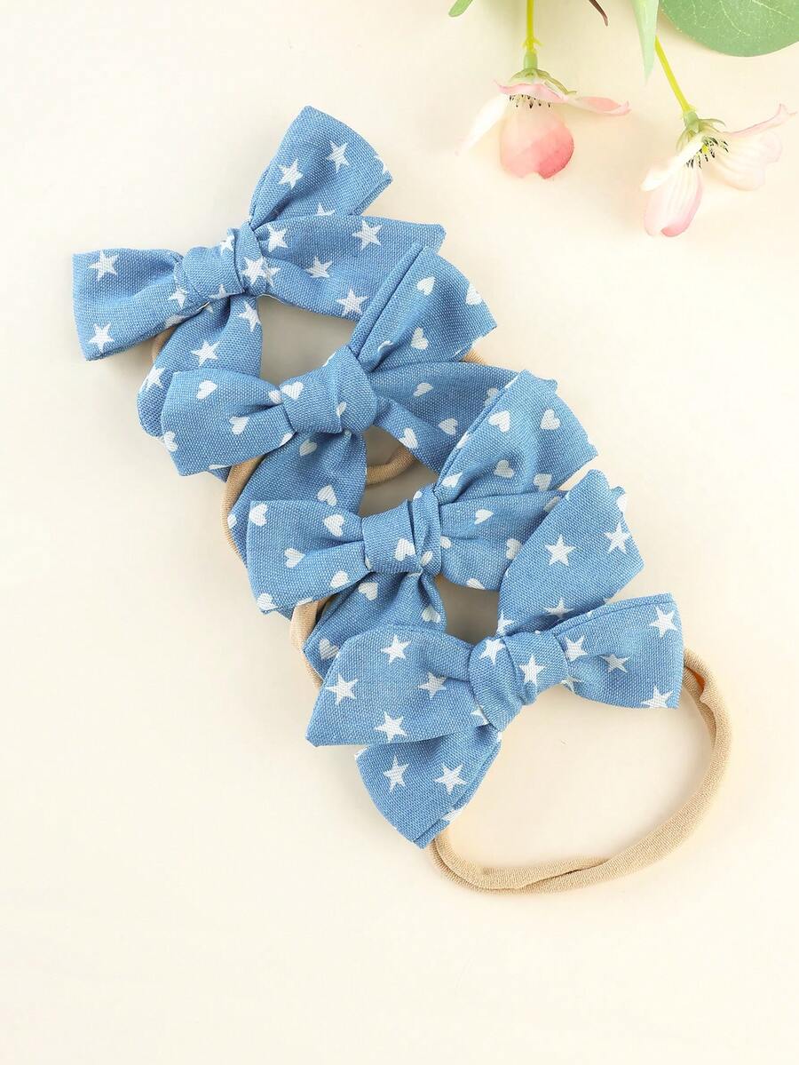 4 件蓝色爱心与五角星印花蝴蝶结装饰头带适合儿童，柔软牛仔效果弹性头带，婴儿日常发饰