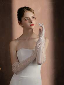 2只装多功能网纱珍珠白新娘手套，时尚新娘婚纱长款露指蕾丝手套，轻盈透明过肘手套，适合表演、派对、摄影等场合 - 白色 - 查看 2