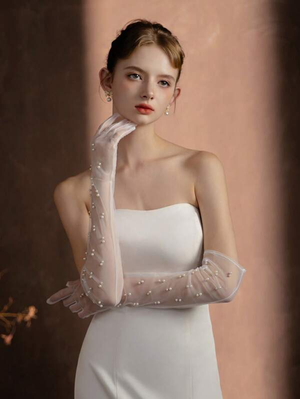 زوج قفاز شفاف أبيض بخرز مناسب للعرائس، قفازات توليه طويلة من التول مع أصابع لفستان الزفاف وفستان الحفلات، مناسب للاستخدام في فصلي الربيع والخريف